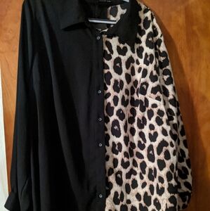 Black and Animal Print Button Down Blouse
